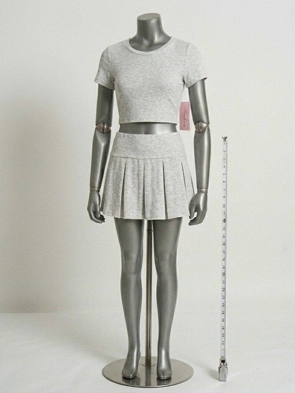 Bird Fashion Pleated Grey Two-piece Set Solid Color, Size L